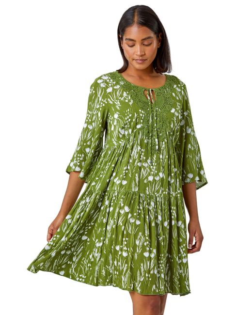 Roman Green Floral Print Lace Detail Smock Dress