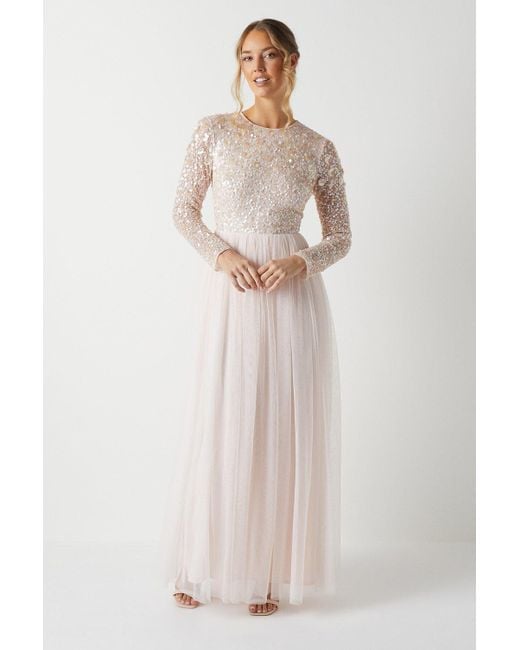 Coast Pink 3d Floral Embellished Long Sleeve Bridesmaid Maxi Dress