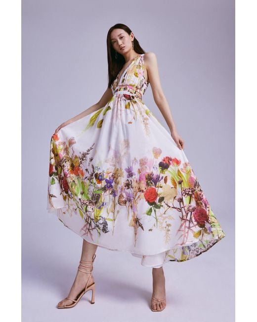 Karen Millen Multicolor Wild Rose Garden Border Silk Cotton Maxi Dress
