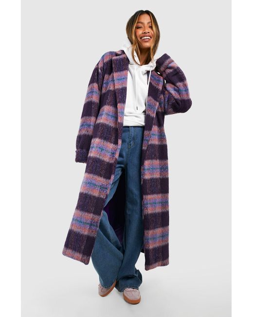 Boohoo Blue Check Cuff Detail Belted Wool Look Coat
