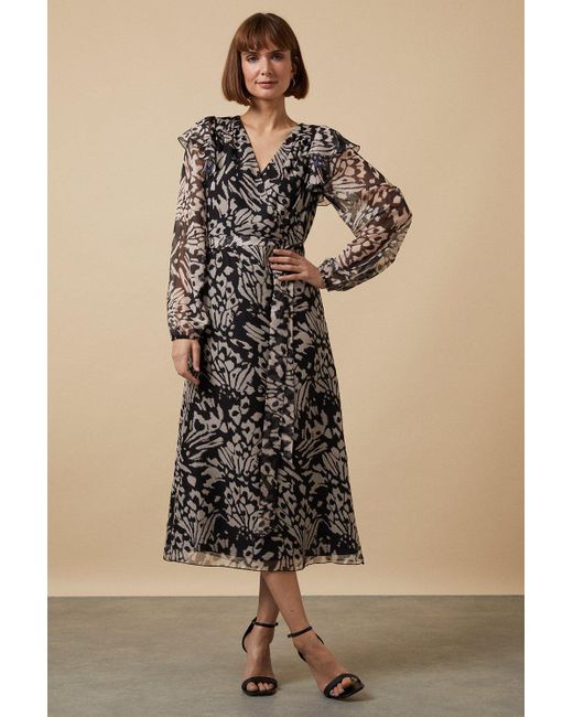 Wallis Natural Butterfly Border Belted Wrap Midi Dress