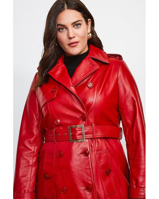 Karen Millen Red Plus Size Leather Trench Belted Coat