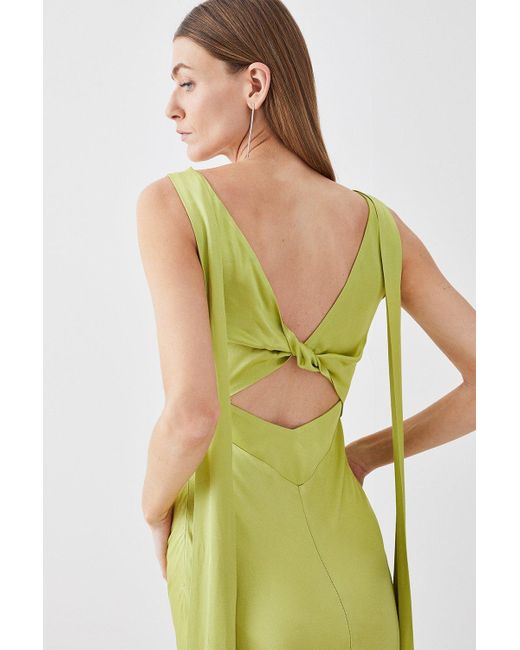 Karen Millen Green Viscose Satin V Neck Draped Back Midi Dress