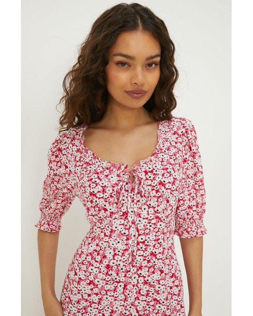 Dorothy Perkins Pink Petite Red Floral Ruffle Neck Midi Dress