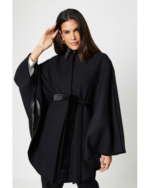 Wallis Black Contrast Embroidered Belted Cape