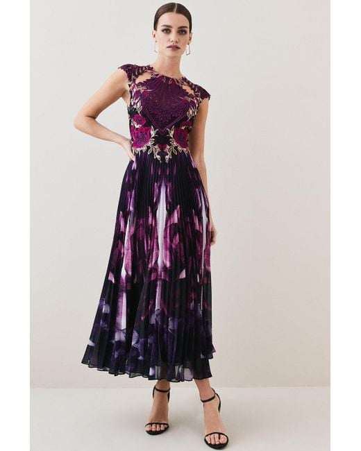 Karen Millen Purple Petite Metallic Guipure Lace Mirrored Midi Dress