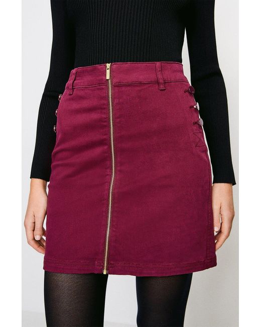 Karen Millen Red Stretch Twill Front Zip Button Skirt