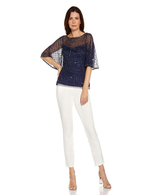 Adrianna Papell Blue Bead Boat Neck Illusion Top