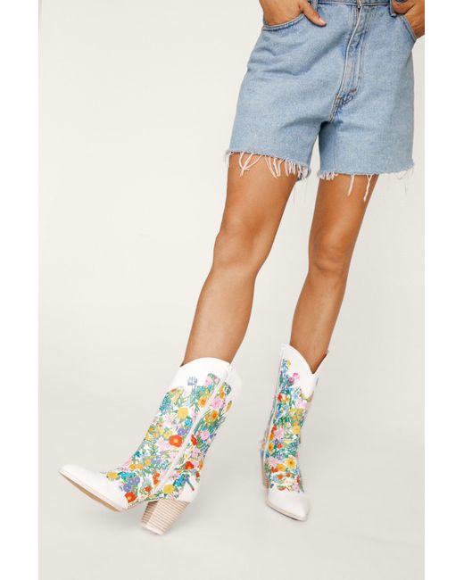 Nasty Gal Blue Contrast Floral Print Western Boots