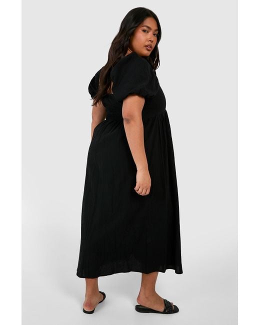 Boohoo Black Plus Linen Puff Sleeve Midaxi Smock Dress