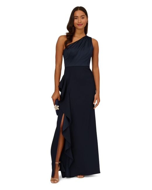 Adrianna Papell Blue One Shoulder Satin Crepe Gown