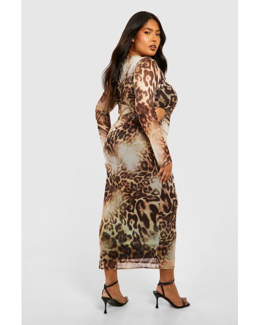 Boohoo Blue Plus Cut Out Long Sleeve Ruched Leopard Mesh Midaxi Dress