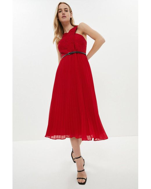 Coast Red Wrap Lace Bodice Pleated Skirt Midi Dress