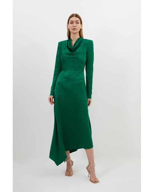 Karen Millen Green Premium Jacquard Cowl Long Sleeve Woven Midi Dress