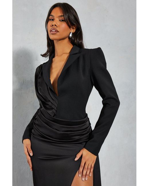 MissPap Black Tailored Structure Satin Drape Maxi Dress