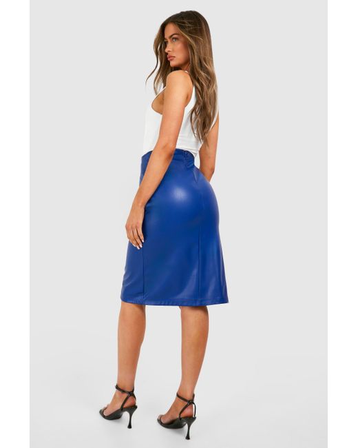 Boohoo Blue Faux Leather Cut Out Detail Midi Skirt