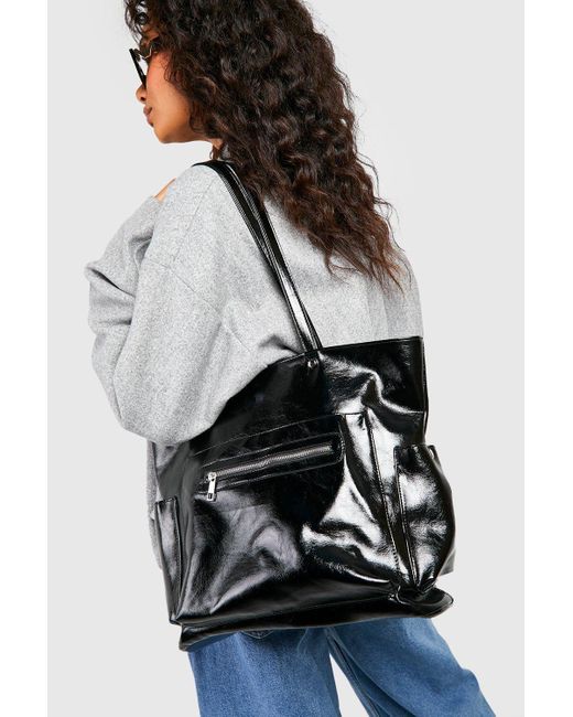 Boohoo Black Zip And Stud Detail Oversized Tote Bag