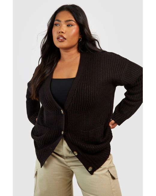 Boohoo Plus Fisherman Button Through Cardigan in Black | Lyst UK