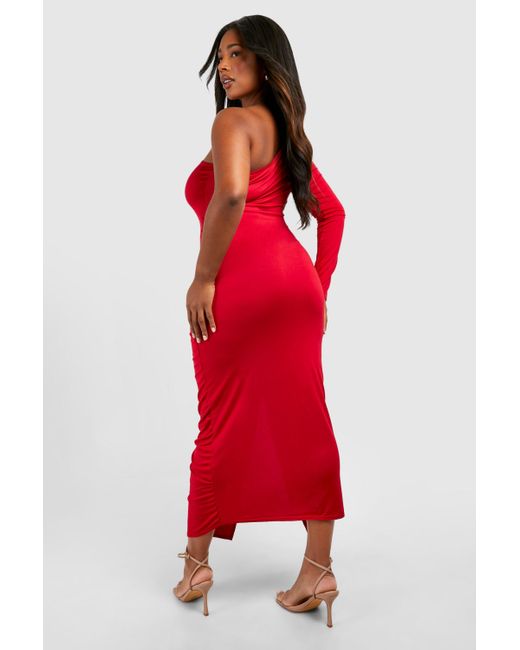 Boohoo Red Plus Super Soft One Shoulder Ruched Split Midaxi Dress