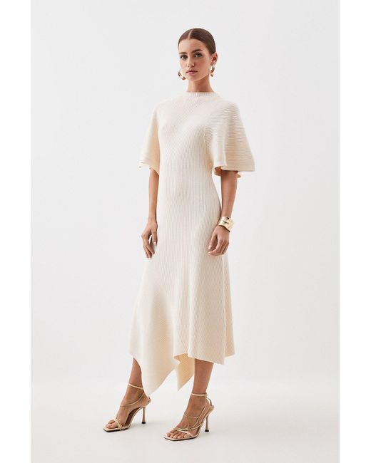 Karen Millen Natural Petite Viscose Blend Angel Sleeve Rib Knitted Midaxi Dress