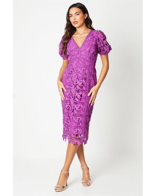 Coast Purple Lace V Neck Pencil Dress With Puff Sleeve