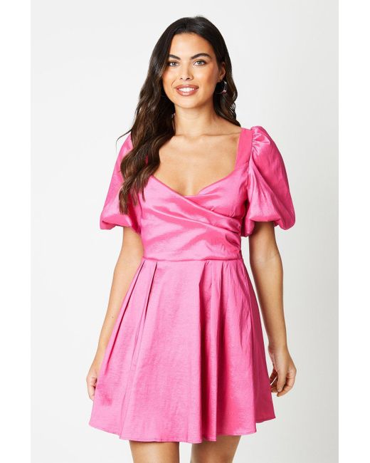 Coast Pink Taffeta Bow Back Puff Sleeve Mini Dress