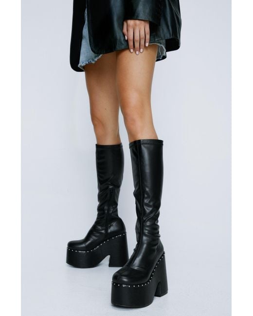 Nasty Gal Black Faux Leather Platform Studded Knee High Boots