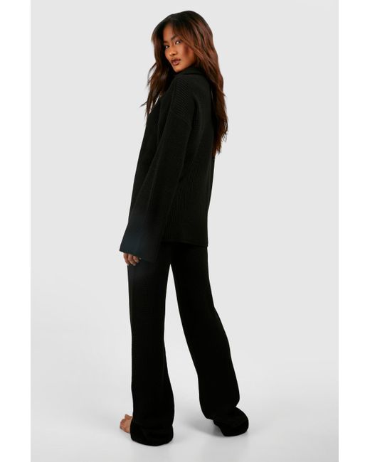Boohoo Black Tall Knitted Zip Funnel Neck Wide Leg Lounge Set
