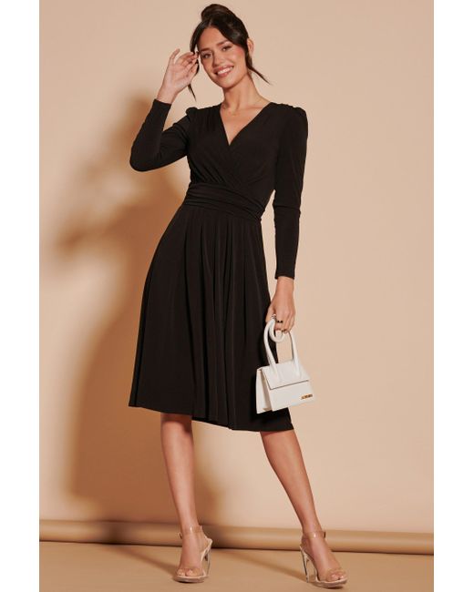 Jolie Moi Black Long Sleeve Pleated Jersey Midi Dress