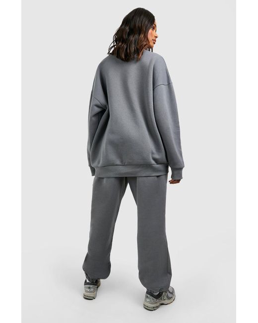 Boohoo Wardrobe Essentials Slogan Puff Print Sweatshirt Tracksuit in Grey