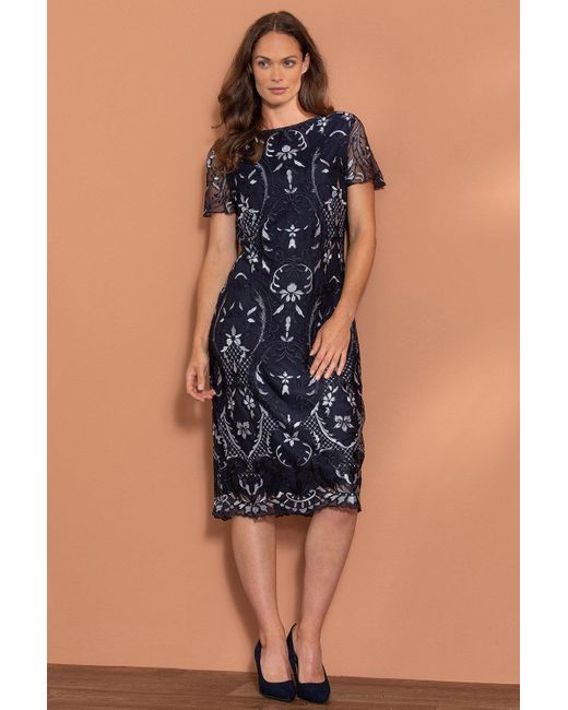 Klass Blue Embroidered Lace Fitted Midi Dress