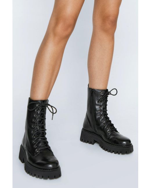 Nasty Gal Black Real Leather Chunky Lace Up Biker Boots