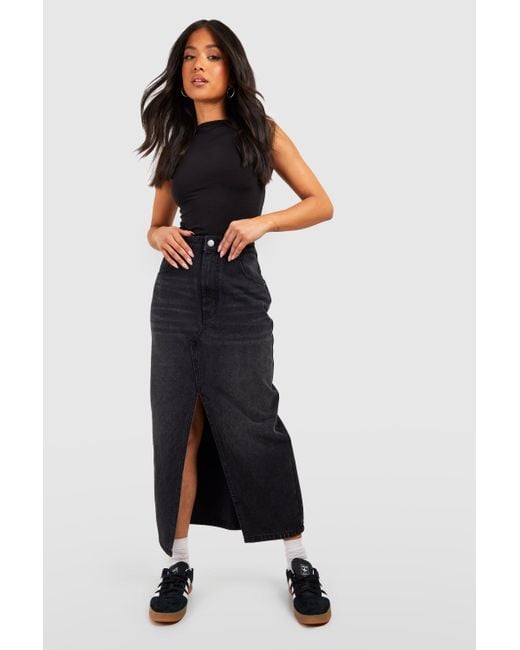 Boohoo Black Petite Split Front Denim Maxi Skirt