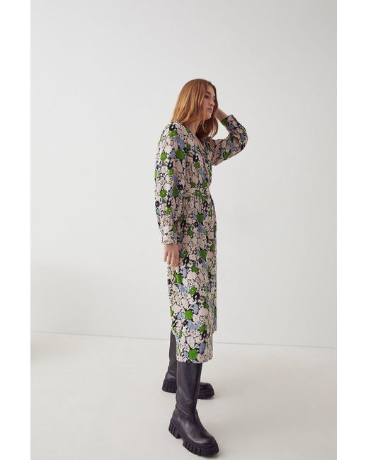 Warehouse Green Woven Midi Wrap Dress In Floral