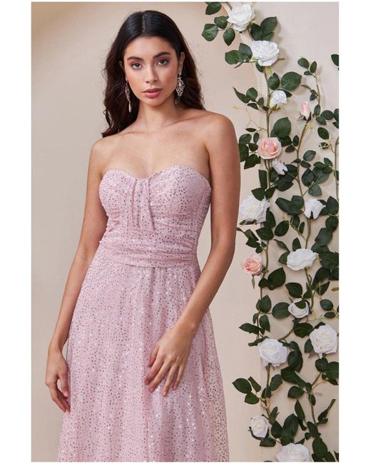 Goddiva Pink Bandeau Sequin & Mesh Maxi Dress