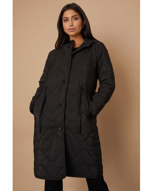 Wallis Blue Black Drawcord Waist Hooded Quilted Coat