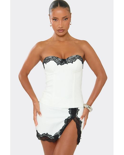 EGO White Sleeveless Bandeau Lace Trim Contrast Satin Corset Top