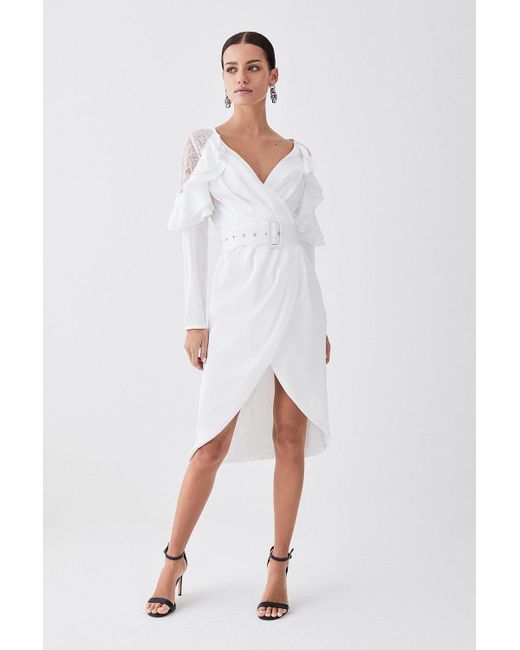 Karen Millen White Petite Satin And Lace Ruffle Woven Midi Dress
