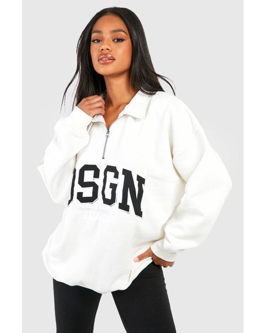 Boohoo White Dsgn Studio Slogan Collared Half Zip Oversized Sweatshirt