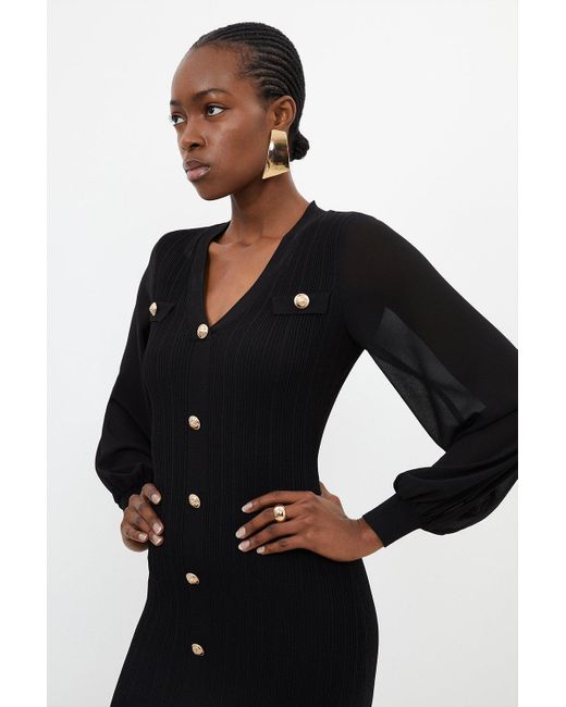 Karen Millen Black Petite Viscose Blend Rib Knit Chiffon Sleeve Midi Dress