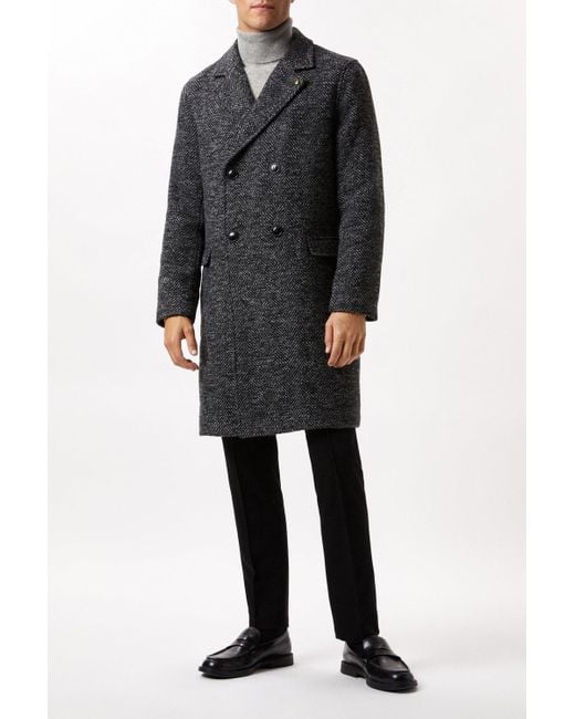 Burton Black Herringbone Wool Blend Double Breasted Overcoat for men