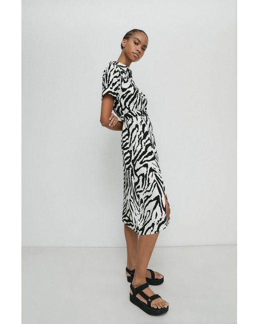 Warehouse Multicolor Zebra Short Sleeve Belted Midi Shirt Dress