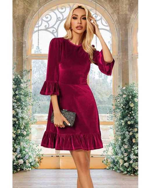 FS Collection Velvet Frill Detail Mini Dress In Violet Red