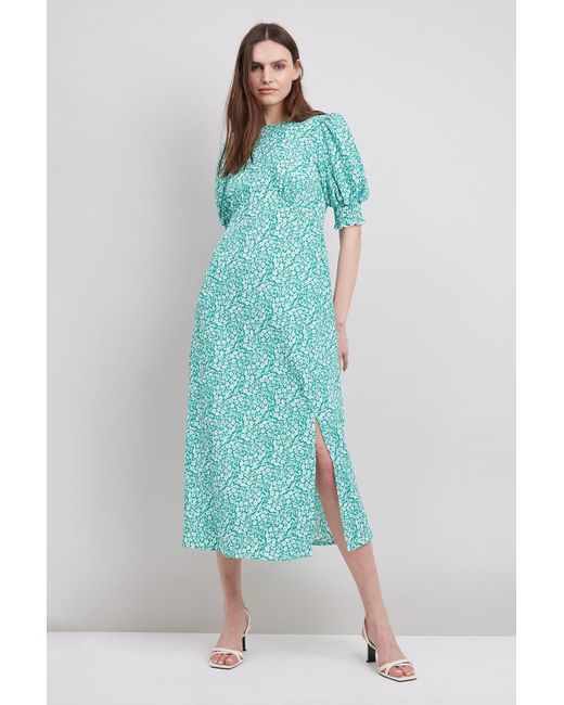 Wallis Blue Green Daisy Puff Sleeve Midi Dress