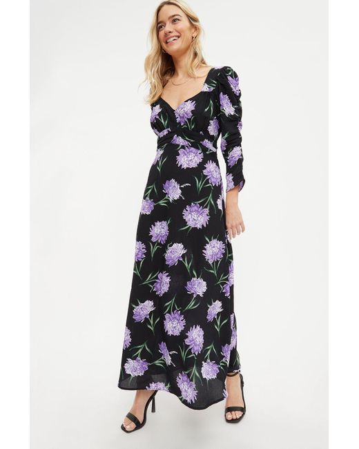 Dorothy Perkins White Purple Floral Ruched Sleeve Maxi Dress