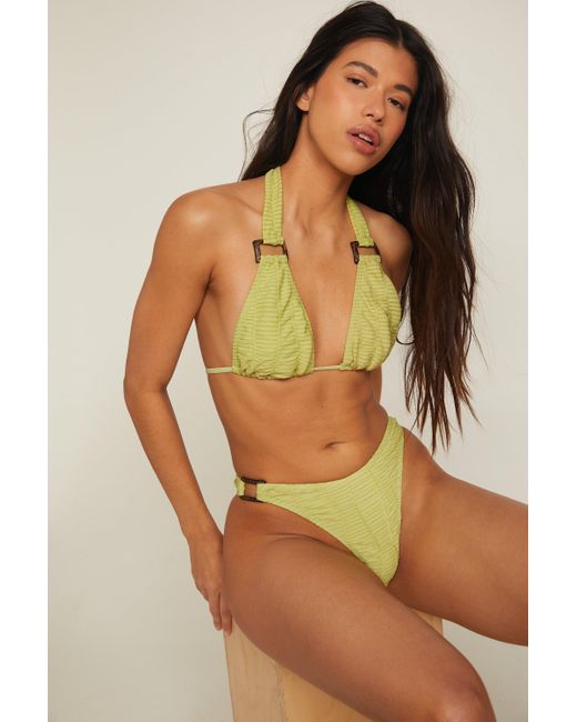 Nasty Gal Green Textured Wooden Buckle Trim Triangle Bikini Set