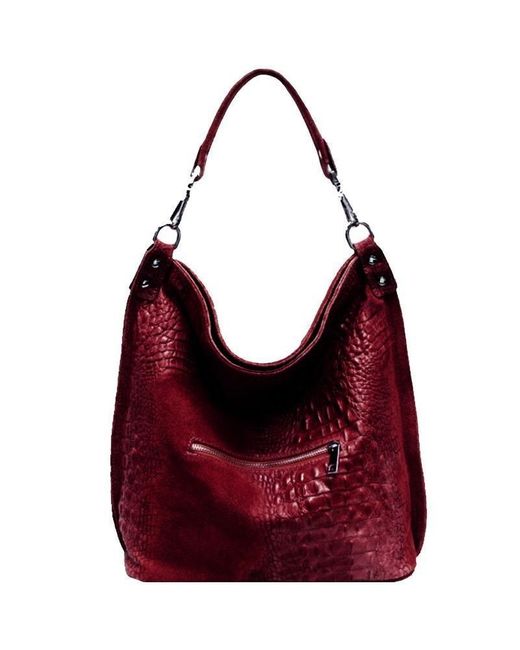 Sostter Red Plum Croc Suede Leather Hobo Shoulder Bag - Bxdai