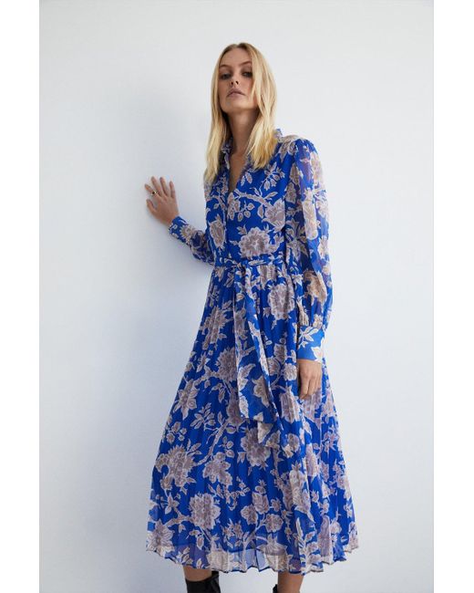 Warehouse Blue Floral Belted Pleated Midi Shirt Dress