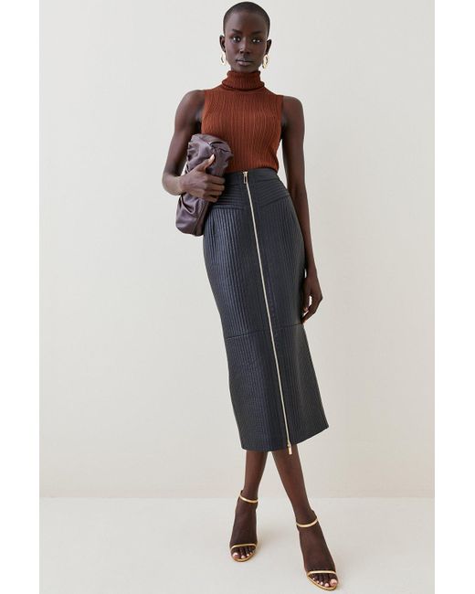 Karen Millen Black Padded Leather & Ponte Zip Through Pencil Midi Skirt