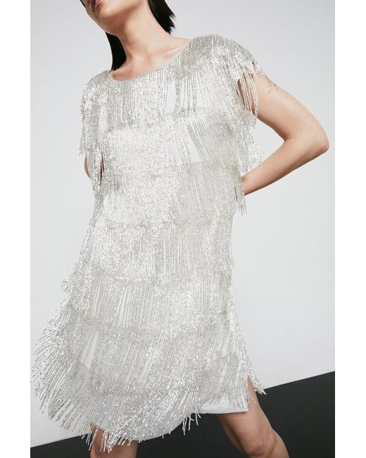 Warehouse White Mini Dress With Embellished Tassels